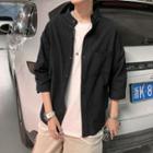 3/4-sleeve Stand-collar Plain Shirt