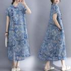 Short-sleeve Print Mandarin-collar Midi Dress