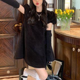 Set: Short-sleeve A-line Dress + Arm Sleeves Black - One Size