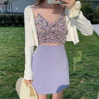 Flower Print Camisole Top / Cropped Cardigan / Mini Pencil Skirt