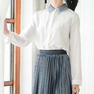 Contrast Mesh Collar Lace Trim Blouse