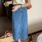 A-line High-waist Distressed Denim Skirt