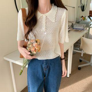Short-sleeve Polo Collared Perforated Knit Top