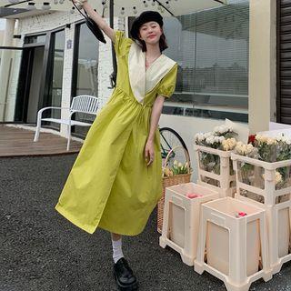 V-neck Puff-sleeve Two-tone Dress