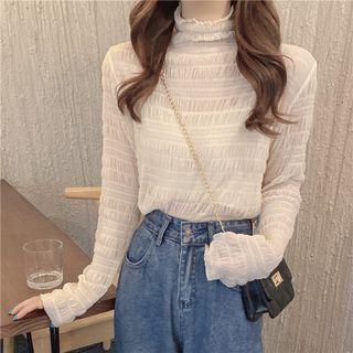 Stand-collar Plain Ruched Long-sleeve Top