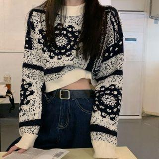 Cropped Pattern Color-block Long-sleeve Knit Top As Shown In Figure - One Size