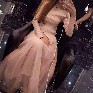 Set: Long-sleeve Knit Top + Midi Overlay Skirt