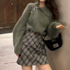 Asymmetrical Collared Sweater / Plaid Mini A-line Skirt