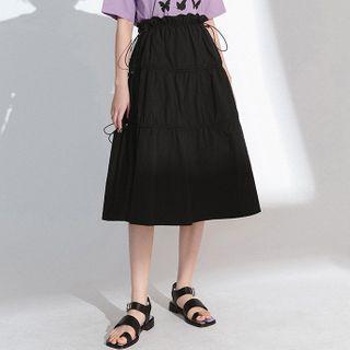 Drawstring-side Plain Midi A-line Skirt