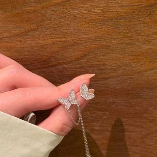 Butterfly Chained Asymmetrical Earring 1 Pair - Butterfly Chained Asymmetrical Earring - Silver - One Size