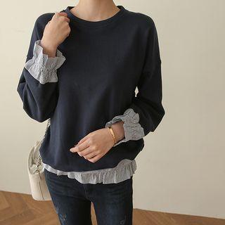 Striped-trim Banded-hem Sweatshirt Navy Blue - One Size