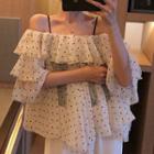 Elbow-sleeve Ruffled Polka Dot Top