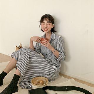 Band-waist Stripe Midi Shirtdress One Size