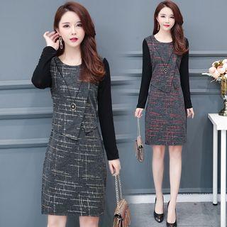 Printed Two-tone Long-sleeve Sheath Dress