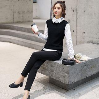 Set: Long-sleeve Letter Embroidered Shirt + Vest + Skinny Pants