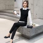Set: Long-sleeve Letter Embroidered Shirt + Vest + Skinny Pants