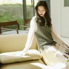Set: Lace Trim Long-sleeve Midi Shift Dress + Knit Vest Dress - Beige - One Size / Vest - Dark Gray - One Size