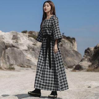 3/4-sleeve Plaid Maxi Dress