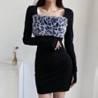 Long-sleeve Fluffy Leopard Print Panel Mini Bodycon Dress