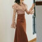 Set: Lace Long-sleeve Blouse + Plain Midi A-line Skirt