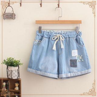 Patch Elastic-waist Denim Shorts