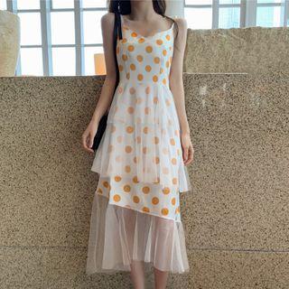 Sleeveless Polka-dot Mesh-panel Dress