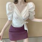 Short-sleeve Wrap Blouse / Mini Fitted Skirt
