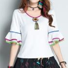 Tassel Detail Striped Flared-sleeve T-shirt