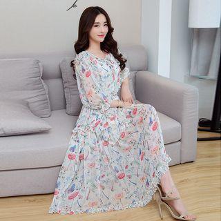 3/4-sleeve A-line Midi Party Dress