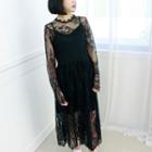 Set: Sheer Lace Maxi Dress + Slipdress Black - One Size