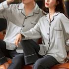 Couple Matching Loungewear Set: Long-sleeve Contrast Trim Pocket Top + Plaid Pants