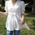 V-neck Puff-sleeve Tie-waist Top Ivory - One Size