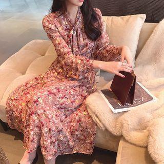 Bow-neck Floral Midi A-line Dress / Plain Camisole Top