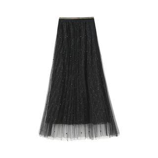 Beaded Mesh A-line Midi Skirt