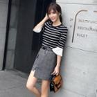 Set: Striped Bell-sleeve T-shirt + Plaid Asymmetric Skirt