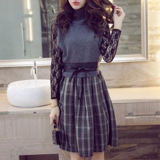 Set: 3/4-sleeve Lace Top + Mock Two-piece Plaid Panel Turtleneck Sleeveless Dress