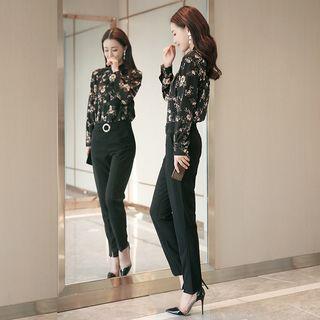 Set : Floral Print Long-sleeve Chiffon Top + Pants