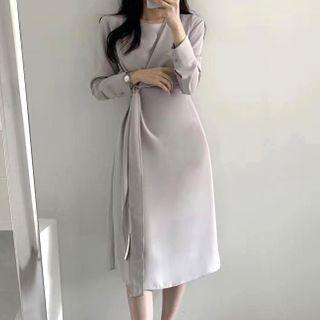 Long-sleeve Crew Neck Plain Midi Wrap Dress