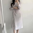Long-sleeve Crew Neck Plain Midi Wrap Dress