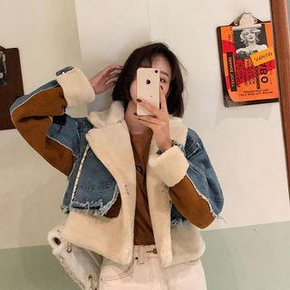 Faux-shearling Panel Lapelled Denim Jacket Blue - One Size