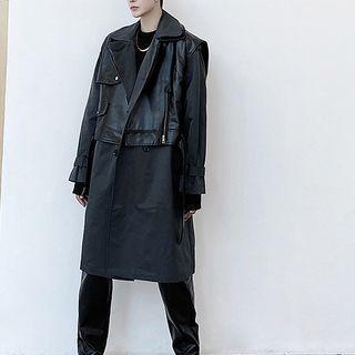 Set: Double-breasted Trench Coat + Faux-leather Jacket