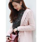 Hooded Loop-trim Furry-knit Cardigan Pink - One Size