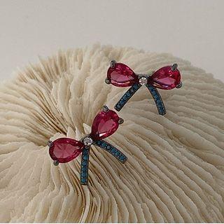 Bow Rhinestone Earring 1 Pair - Red & Blue - One Size