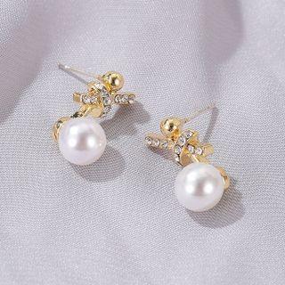 Knot Rhinestone Faux Pearl Dangle Earring 01 - 1 Pair - White - One Size