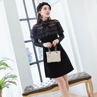 Lace Yoke Bow-accent Ruffle Sheath Dress