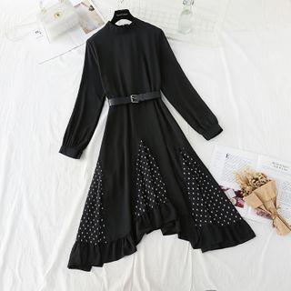 Set: Long-sleeve Dot Print Panel Midi Dress + Belt