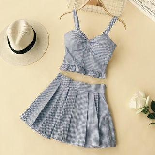 Set: Strappy Plaid Top + A-line Mini Pleated Skirt