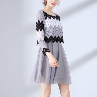Long-sleeve Panel A-line Mesh Dress