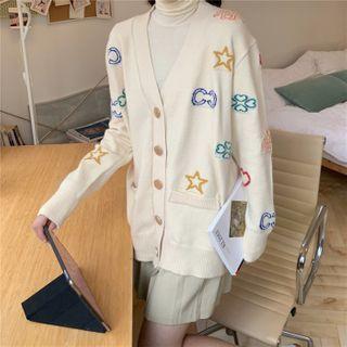 Embroidered V-neck Cardigan As Shown In Figure - One Size