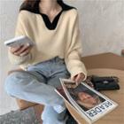 Color-block V-neck Loose-fit Sweater Almond - One Size